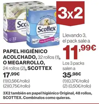 Supercor PAPEL HIGIÉNICO ACOLCHADO, 32 rollos (1), O MEGARROLLO, 24 rollos (2), SCOTTEX oferta