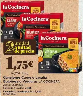 Gadis Canelones Carne o Lasaña Boloñesa o Verduras LA COCINERA 280 g (12,46€ Kilo) oferta
