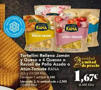 Gadis Tortellini Relleno Jamón y Queso o 4 Quesos o Ravioli de Pollo Asado o Atún-Tomate RANA 250 g (13,32€ Kilo) oferta