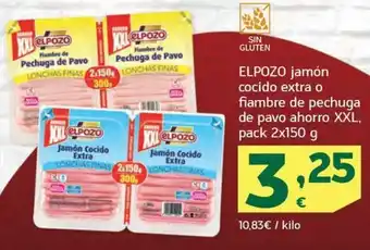 HiperDino ELPOZO jamón cocido extra o fiambre de pechuga de pavo ahorro XXL, pack 2x150 g oferta