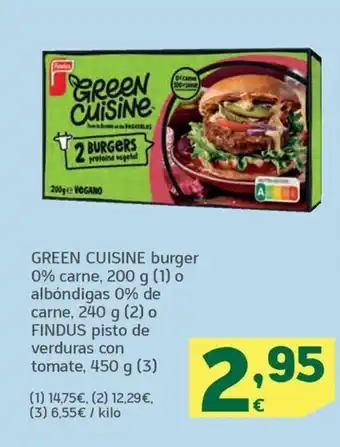HiperDino GREEN CUISINE burger 0% carne, 200 g (1) o albóndigas 0% de oferta