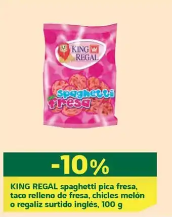 HiperDino KING REGAL spaghetti pica fresa, taco relleno de fresa, chicles melón o regaliz surtido inglés, 100 g oferta