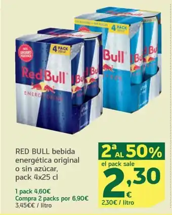 HiperDino RED BULL bebida energética original o sin azúcar, pack 4x25 cl oferta