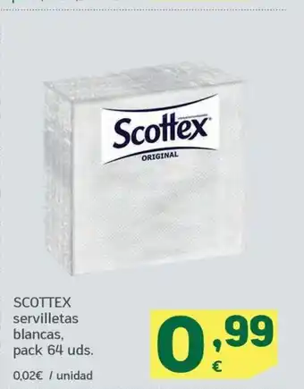 HiperDino SCOTTEX servilletas blancas, pack 64 uds. 0,02€ / unidad oferta