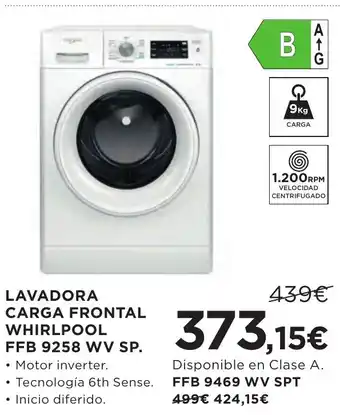 Hipercor LAVADORA CARGA FRONTAL WHIRLPOOL FFB 9258 WV SP. oferta
