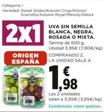 Hipercor Uva Sin Semilla Blanca, Negra, Rosada O Mixta 500g oferta