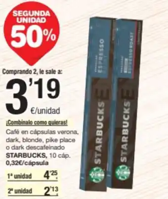 SPAR Fragadis Café en cápsulas verona, dark, blonde, pike place o dark descafeinado STARBUCKS, oferta