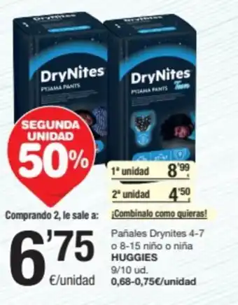 SPAR Fragadis Pañales Drynites 4-7 o 8-15 niño o niña HUGGIES 9/10 ud. oferta