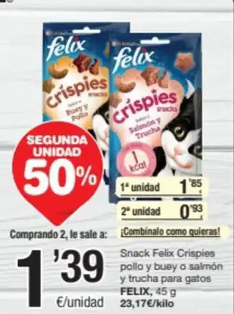 SPAR Fragadis Snack Felix Crispies pollo y buey o salmón y trucha para gatos FELIX, 45 g oferta