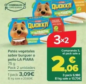 Carrefour Patés vegetales sabor burguer o pollo LA PIARA 75 g oferta