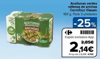 Carrefour Aceitunas verdes rellenas de anchoa Carrefour Classic 150 g. Pack 3 unidades oferta