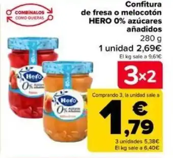 Carrefour Confitura de fresa o melocotón HERO 0% azúcares añadidos 280 g oferta