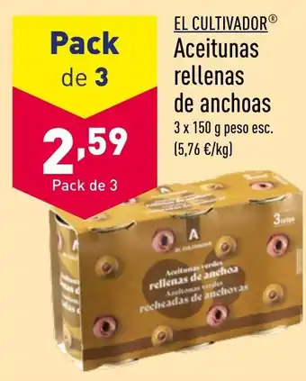 ALDI EL CULTIVADORⓇ Aceitunas rellenas de anchoas 3 x 150 g oferta