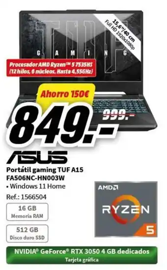 MediaMarkt Portátil gaming TUF A15 FA506NC-HN003W oferta