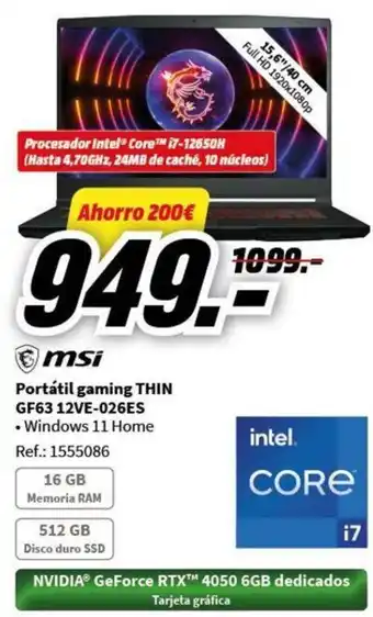 MediaMarkt Portátil gaming THIN GF63 12VE-026ES • Windows 11 Home oferta