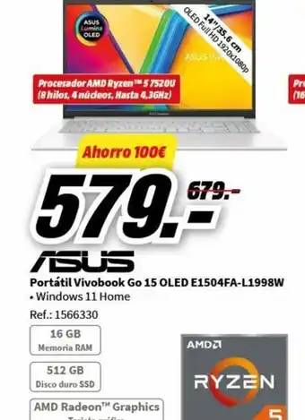 MediaMarkt Portátil Vivobook Go 15 OLED E1504FA-L1998W oferta