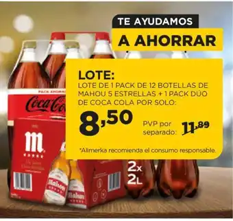 Alimerka LOTE: LOTE DE 1 PACK DE 12 BOTELLAS DE MAHOU 5 ESTRELLAS + 1 PACK DÚO DE COCA COLA POR SOLO: oferta