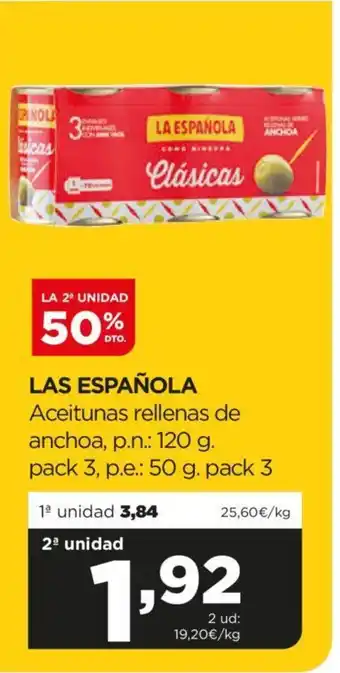 Alimerka LA ESPAÑOLA Aceitunas rellenas de anchoa, p.n.: 120 g. pack 3, p.e.: 50 g. pack 3 oferta