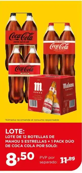 Alimerka LOTE DE 12 BOTELLAS DE MAHOU 5 ESTRELLAS + 1 PACK DÚO DE COCA COLA POR SOLO: oferta