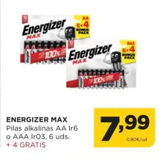 Alimerka ENERGIZER MAX Pilas alkalinas AA Ir6 o AAA Ir03, 6 uds. + 4 GRATIS oferta