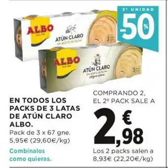 Hipercor Albo En Todos Los Packs De 3 Latas De Atún Claro Pack de 3 x 67 gne. oferta