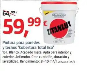 Bauhaus Titanlux - pintura para paredes y techos 'cobertura total eco' oferta