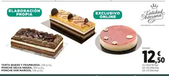 Hipercor Tarta Queso YFrambuesa , 750g, Ponche Selva Negra 780g, Ponche San Marcos 720g oferta