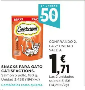 Hipercor Snacks Para Gato Catisfactions Salmón o pollo, 180g oferta
