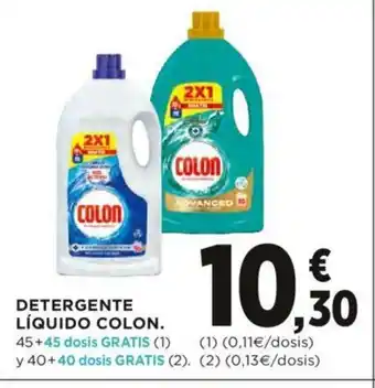 Hipercor Detergente Líquido Colon 45+45 dosis gratis y 40 + 40 dosis oferta