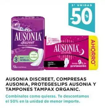 Hipercor Ausonia Discreet, Compresas Ausonia, Protegeslips Ausonia Y Tampones Tampax Organic oferta