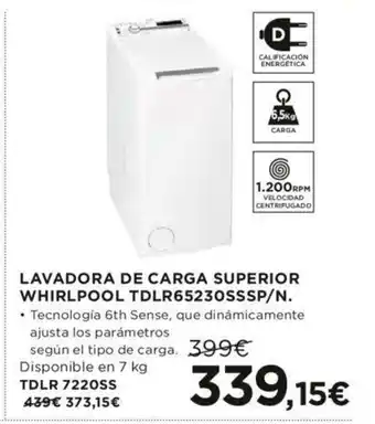 Hipercor Lavadora De Carga Superior Whirlpool TDLR65230SSSP / N. oferta