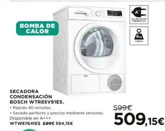 Hipercor BOSCH Secadora Condensación WTR85V91ES oferta