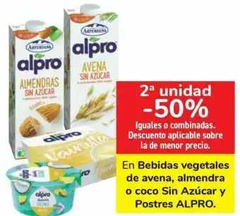 Carrefour En bebidas vegetales de avena, almendra o coco sin azúcar y postres alpro oferta