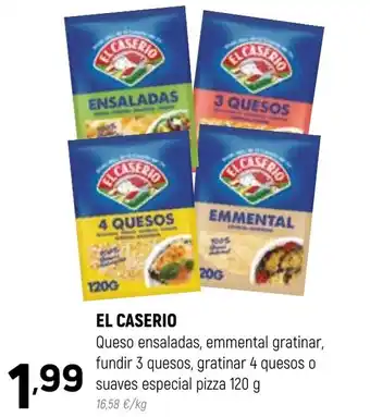 Coviran EL CASERIO Queso ensaladas, emmental gratinar, fundir 3 quesos, gratinar 4 quesos o suaves especial pizza 120 g oferta