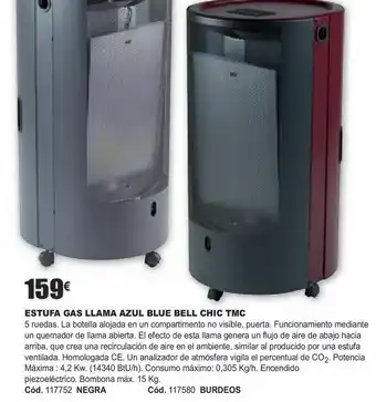 Estufa gas llama azul blue bell chic tmc