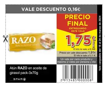 SPAR Atún RAZO en aceite de girasol pack-3x70g oferta