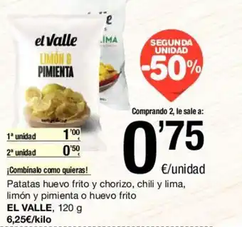 SPAR El Valle Patatas huevo frito y chorizo, chill y lima, limón y pimienta o huevo frito, 120g oferta