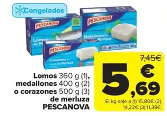 Carrefour Market Lomos 360 g (1), medallones 400 g (2) o corazones 500 g (3) de merluza PESCANOVA oferta