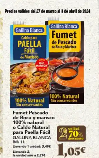Gadis Fumet Pescado de Roca y marisco 100% natural o Caldo Natural para Paella Facil GALLINA BLANCA Brik 1 L oferta