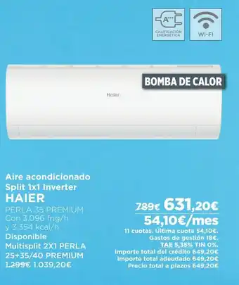 El Corte Inglés Aire acondicionado Split 1x1 Inverter HAIER oferta
