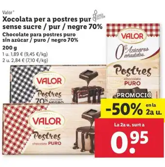 Lidl Valor Xocolata per a posres pur sense sucre 200g oferta