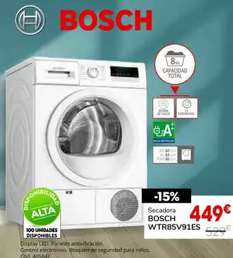 Conforama Secadora bomba de calor 8 kg a++ bosch wtr85v91es oferta