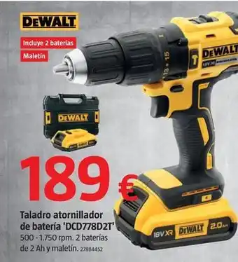 Bauhaus Dewalt - taladro atornillador de bateria 'dcd778d2t' oferta