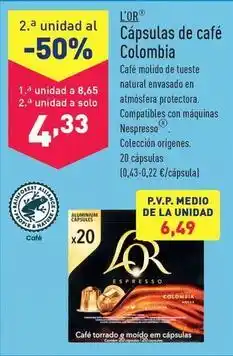 ALDI L'or - cápsulas de café colombia oferta