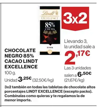 Hipercor CHOCOLATE NEGRO 85% CACAO LINDT EXCELLENCE oferta