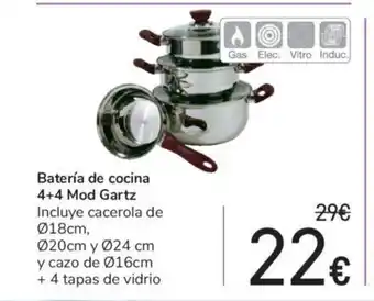Carrefour Bateria de cocina 4+4 Mod Gartz 18cm, 20cm y 24cm, y cazo de 16cm + 4 tapas de vidrio oferta