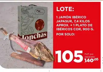 Alimerka 1 JAMÓN IBÉRICO JAPASUR, 7,4 KILOS APROX. + 1 PLATO DE IBÉRICOS COR, 900 G. oferta