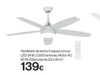 Hipercor Ventilador de techo 5 aspas con luz LED 24 W, 2.500 lúmenes. Motor AC 50 W. Estancias de 20 a 40 m². oferta