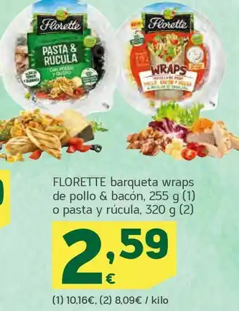 HiperDino Florette barqueta wraps de pollo & bacón, 255 g o pasta y rúcula, 320 g oferta