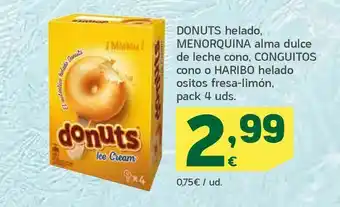 HiperDino Donuts helado, menorquina alma dulce de leche cono, conguitos cono o haribo helado ositos fresa-limón, pack 4 uds. oferta